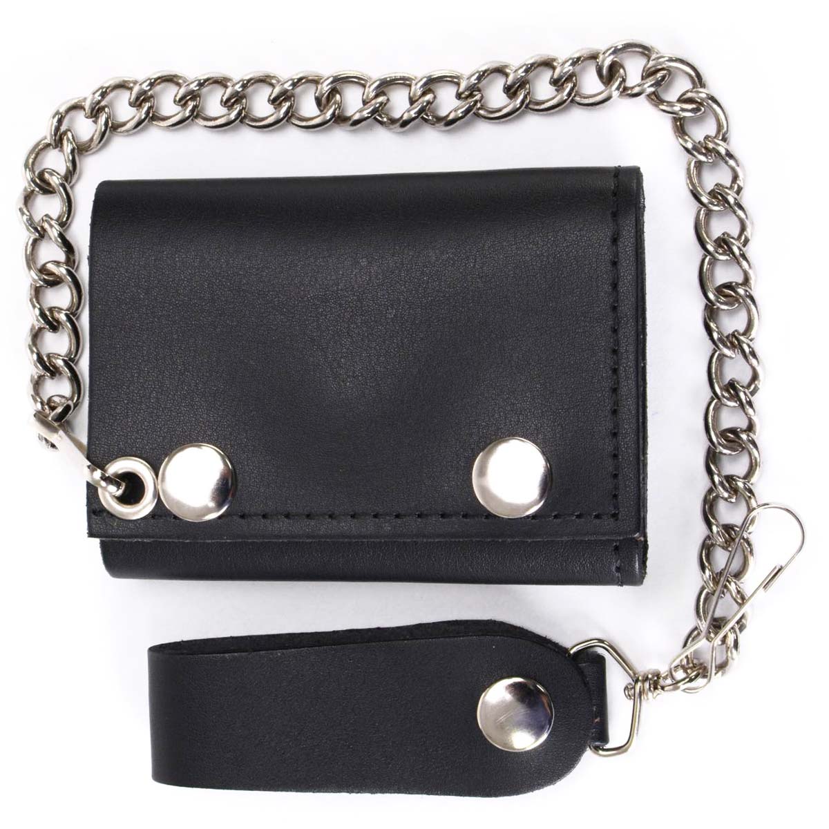 Milwaukee Leather MLW7831 Men's 4" Classic Black Plain Genuine Leather Tri-Fold Biker Wallet w/ Anti-Theft Stainless Steel Chain