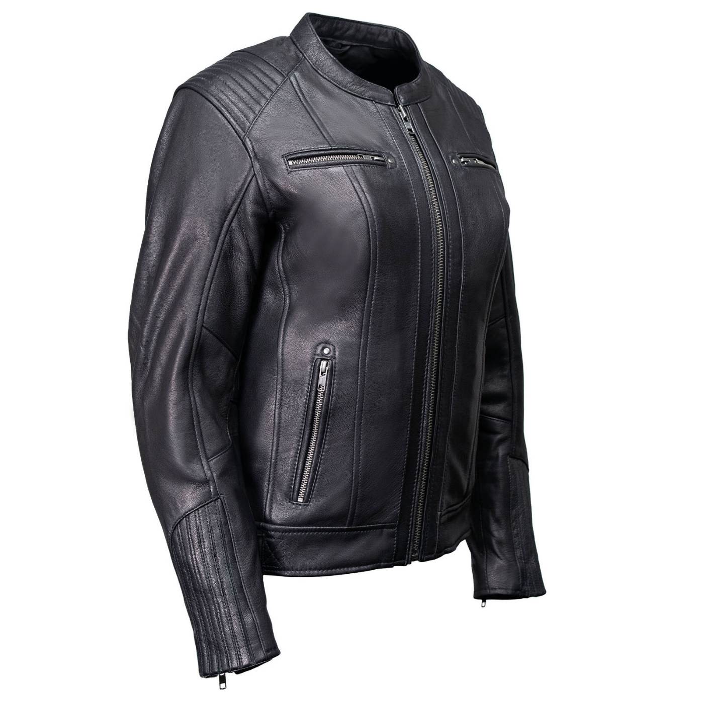 female motorcycle gear Milwaukee Motorcycle Clothing Co. Women’s Rebel Scooter Style Black Leather Biker Jacket w/ Mandarin Collar MMC20002