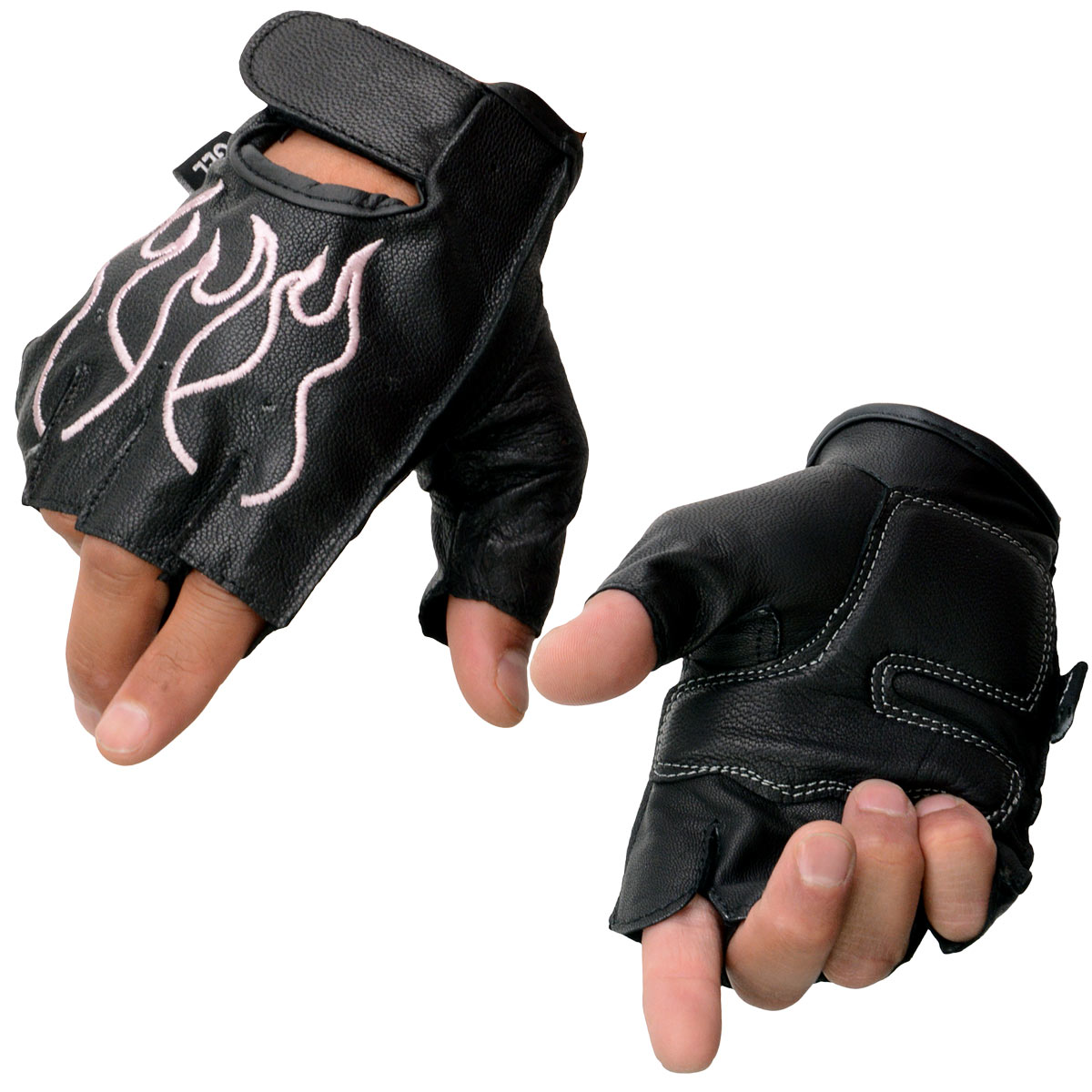 Milwaukee Leather SH198 Women's Black Leather Gel Padded Palm Fingerless Motorcycle Gloves W/ Flame Embroidery Milwaukee Leather SH198 Women's Black Leather Gel Padded Palm Fingerless Motorcycle Gloves W/ Flame Embroidery