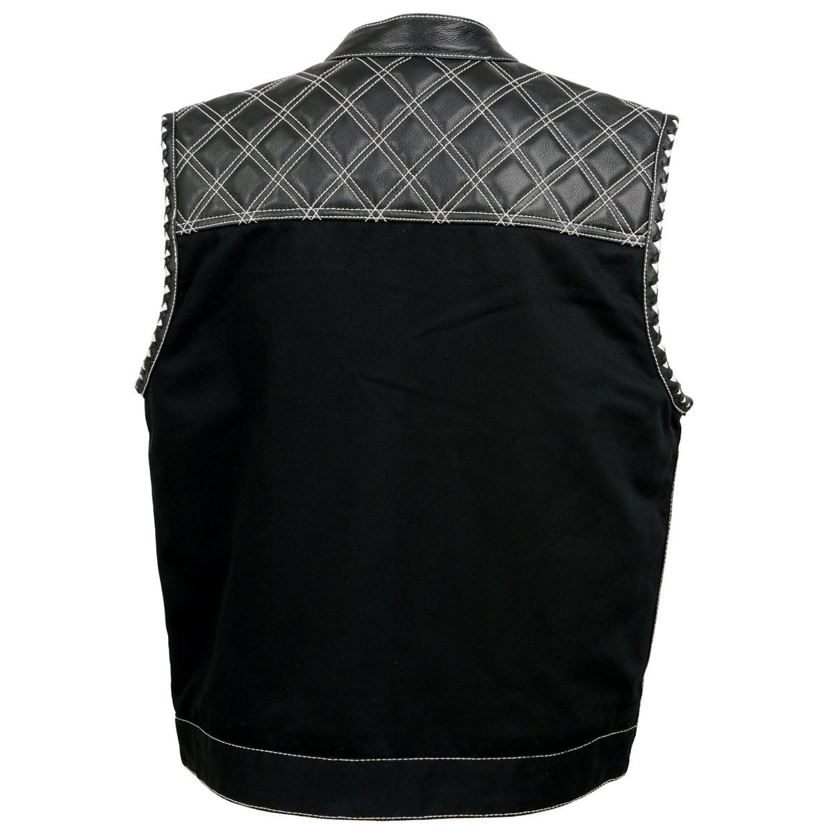 Milwaukee Leather MDM3035 Men’s Wrecker Club Vest – Black Denim & Leather, Diamond Quilt, White Stitch