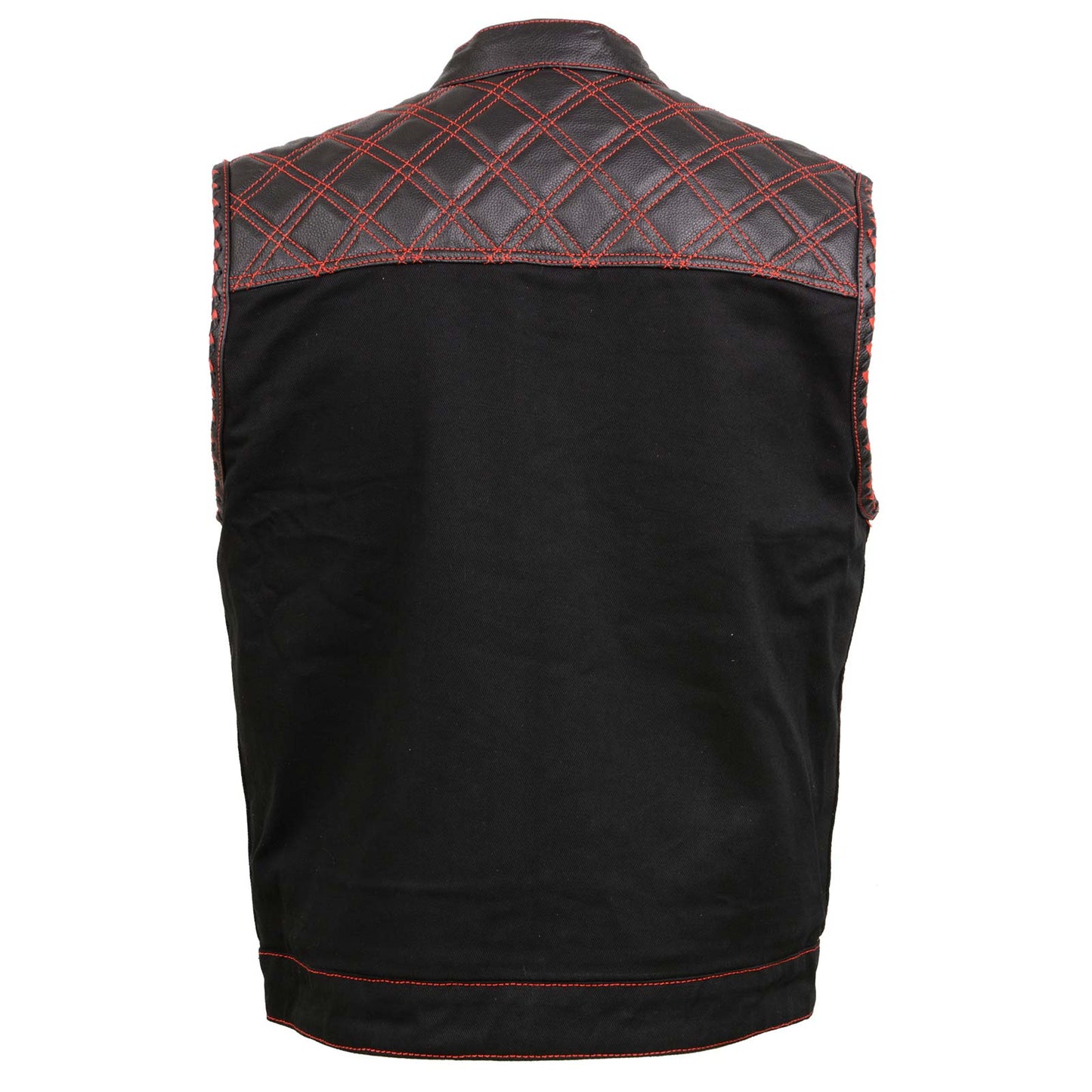 Milwaukee Leather MDM3036 Men’s Wrecker Club Vest – Black Denim & Leather, Diamond Quilt, Red Stitch