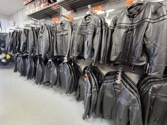 Men's Motorcycle Leather Jackets protective riding gear many sizes and styles displayed in store Extreme Biker Leather