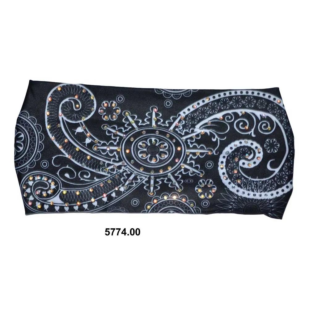 Black headband with white paisley pattern on a white background