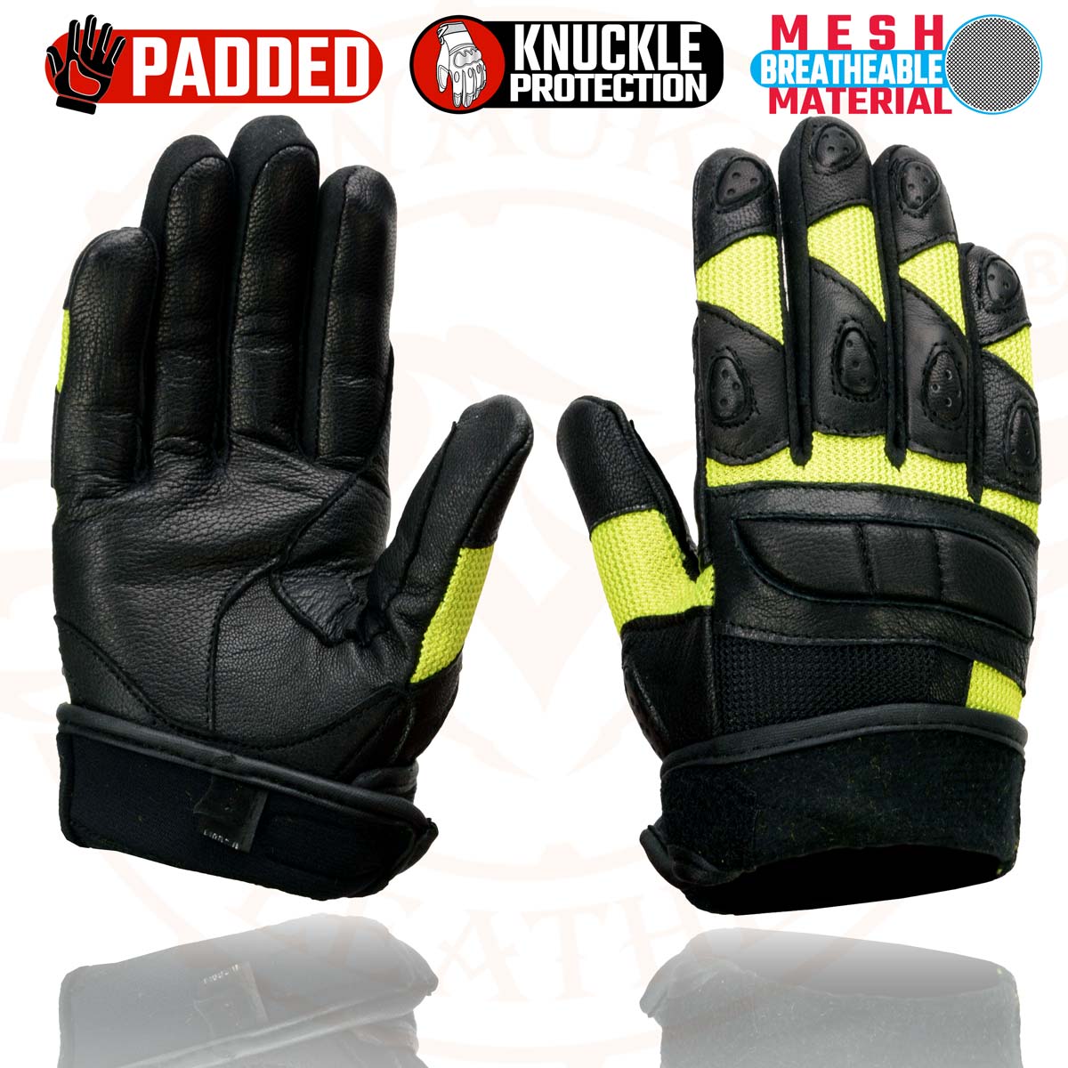 Milwaukee Leather MG7740 Women's Padded Black Leather and Neon Green Mesh Racing Motorcycle Rider Gloves