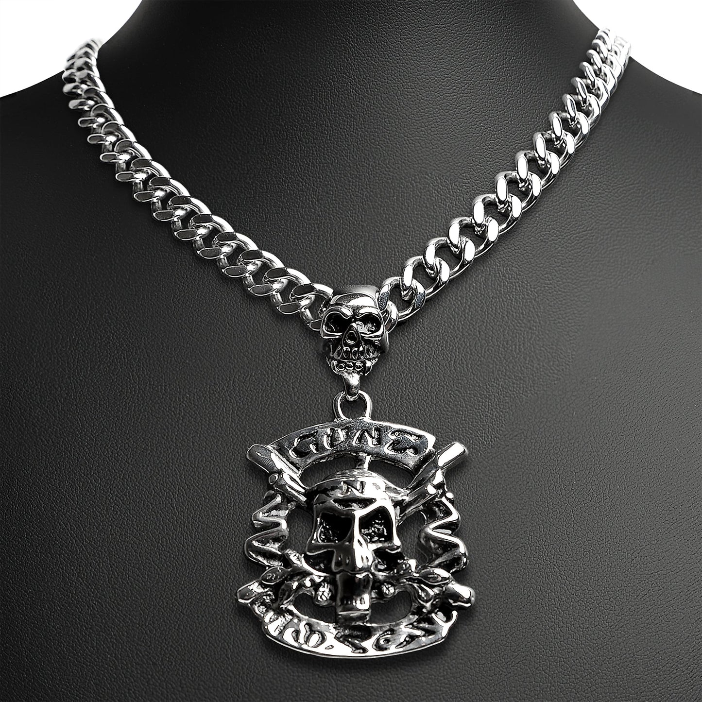 Stainless Steel Gunz N Roses Skull Curb Chain Necklace