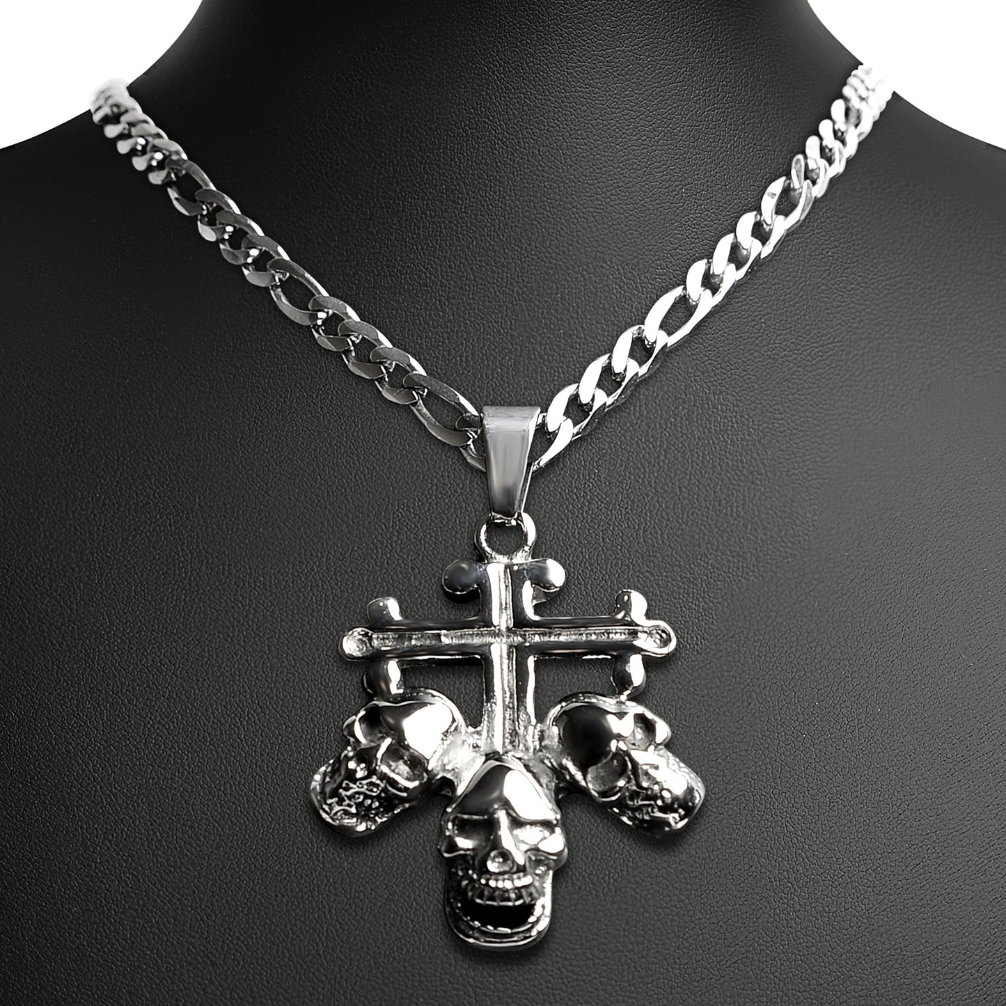 Stainless Steel Triple Skulls On Cross Figaro Chain Necklace