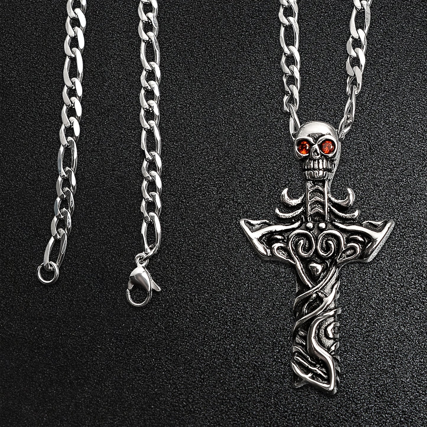 Stainless Steel Red CZ Eyed Skull Cross Figaro Chain Necklace