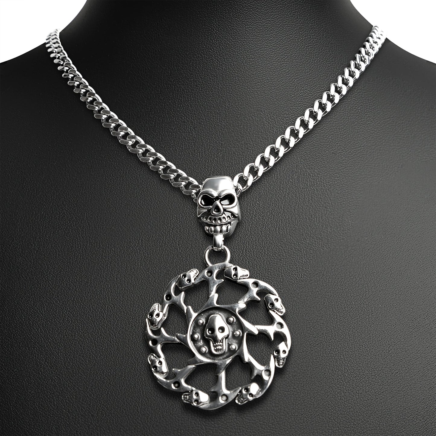 Stainless Steel Skull Spiked Death Wheel Curb Chain Necklace