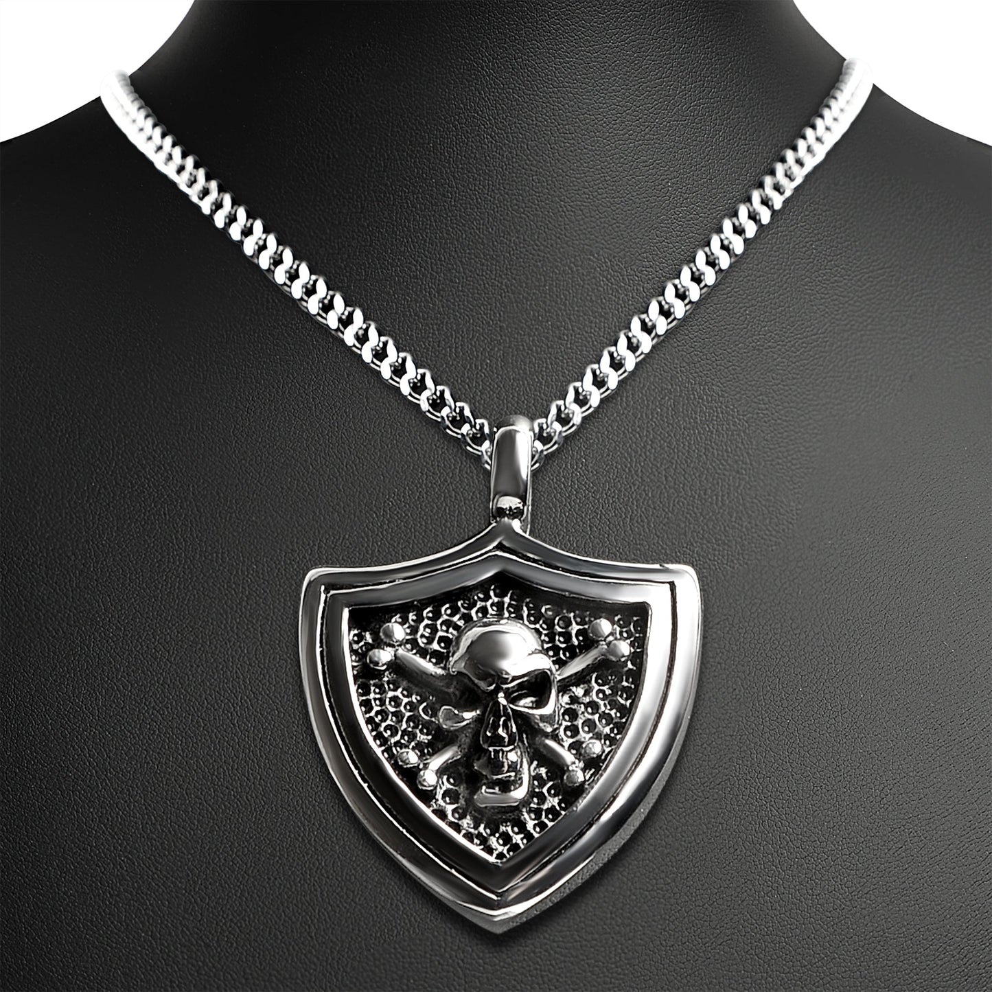 Stainless Steel Skull And Crossbones Shield Curb Chain Necklace