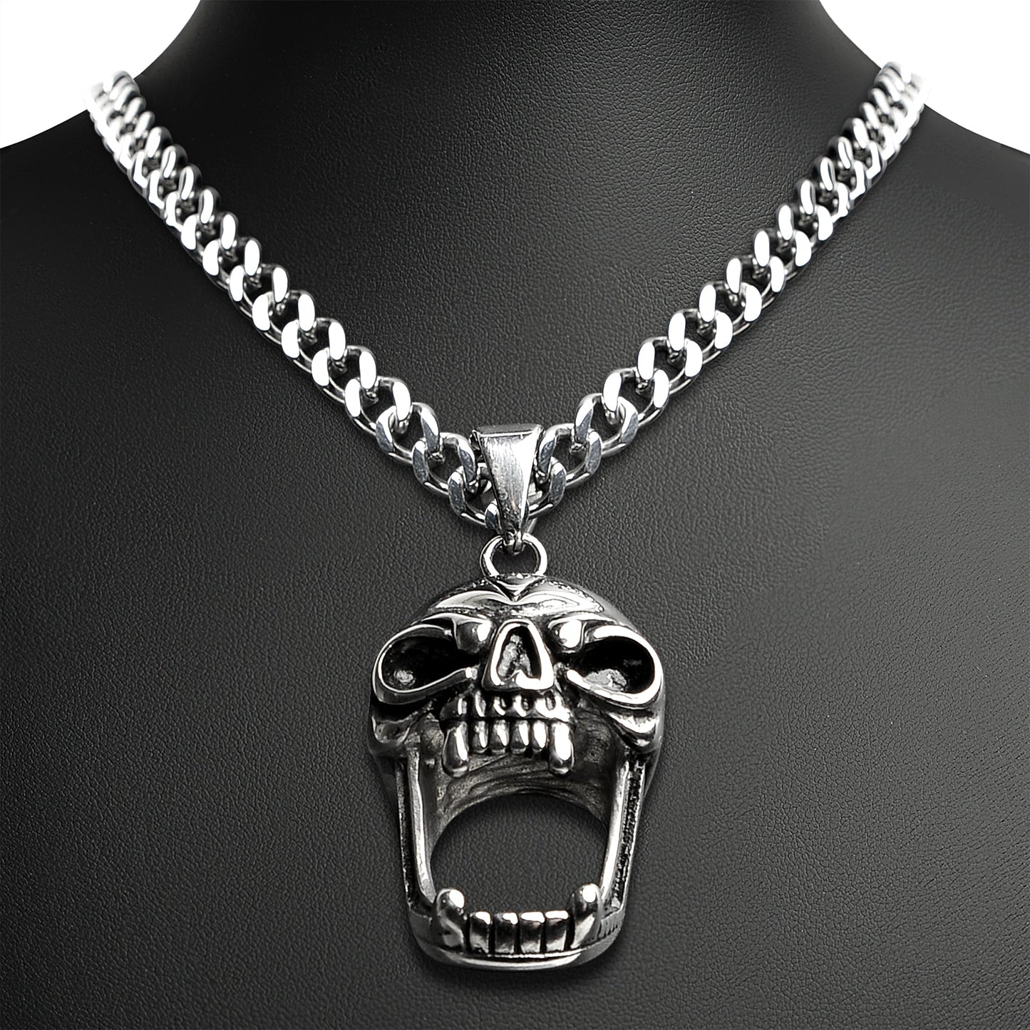 Stainless Steel Screaming Fanged Skull Curb Chain Necklace