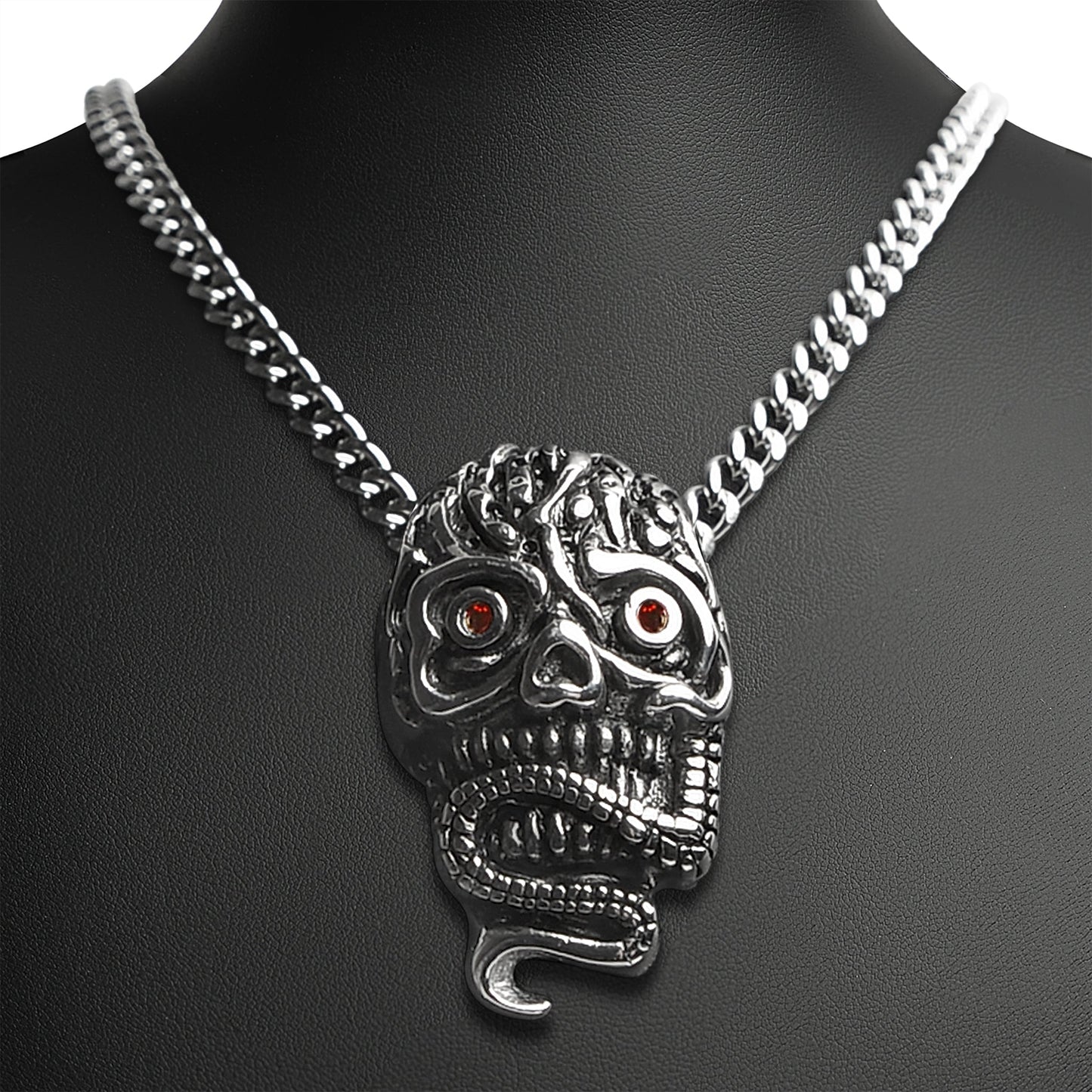 Stainless Steel Red CZ Eyed Skull With Snake Curb Chain Necklace