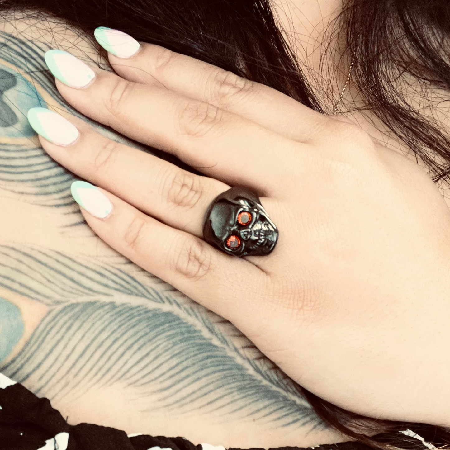 Stainless Steel Red CZ Eyed Black Skull Unisex Ring