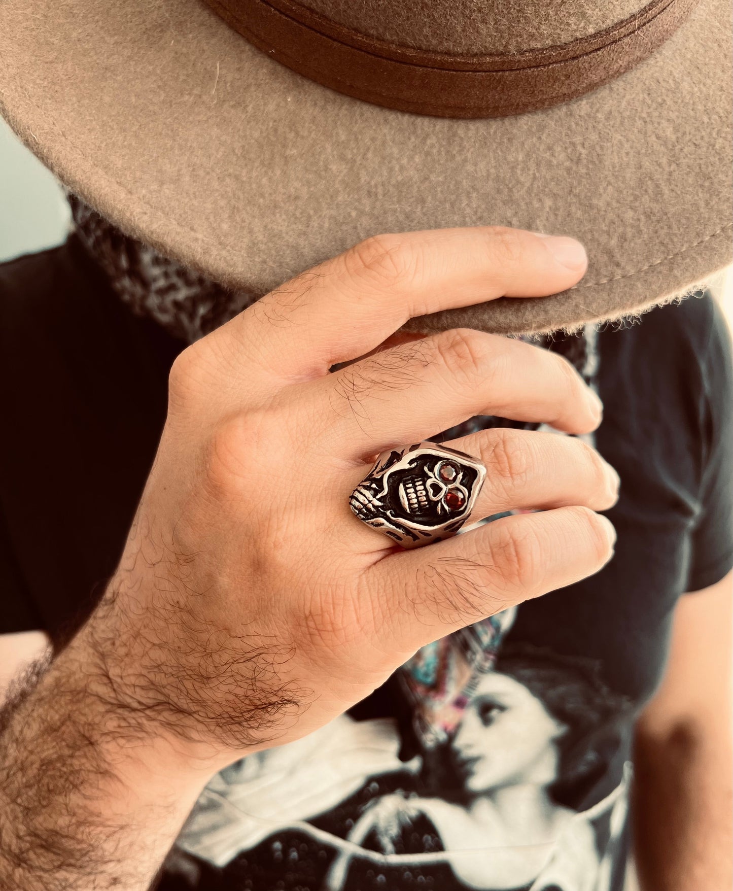 Stainless Steel Red CZ Eyed Grim Reaper Ring