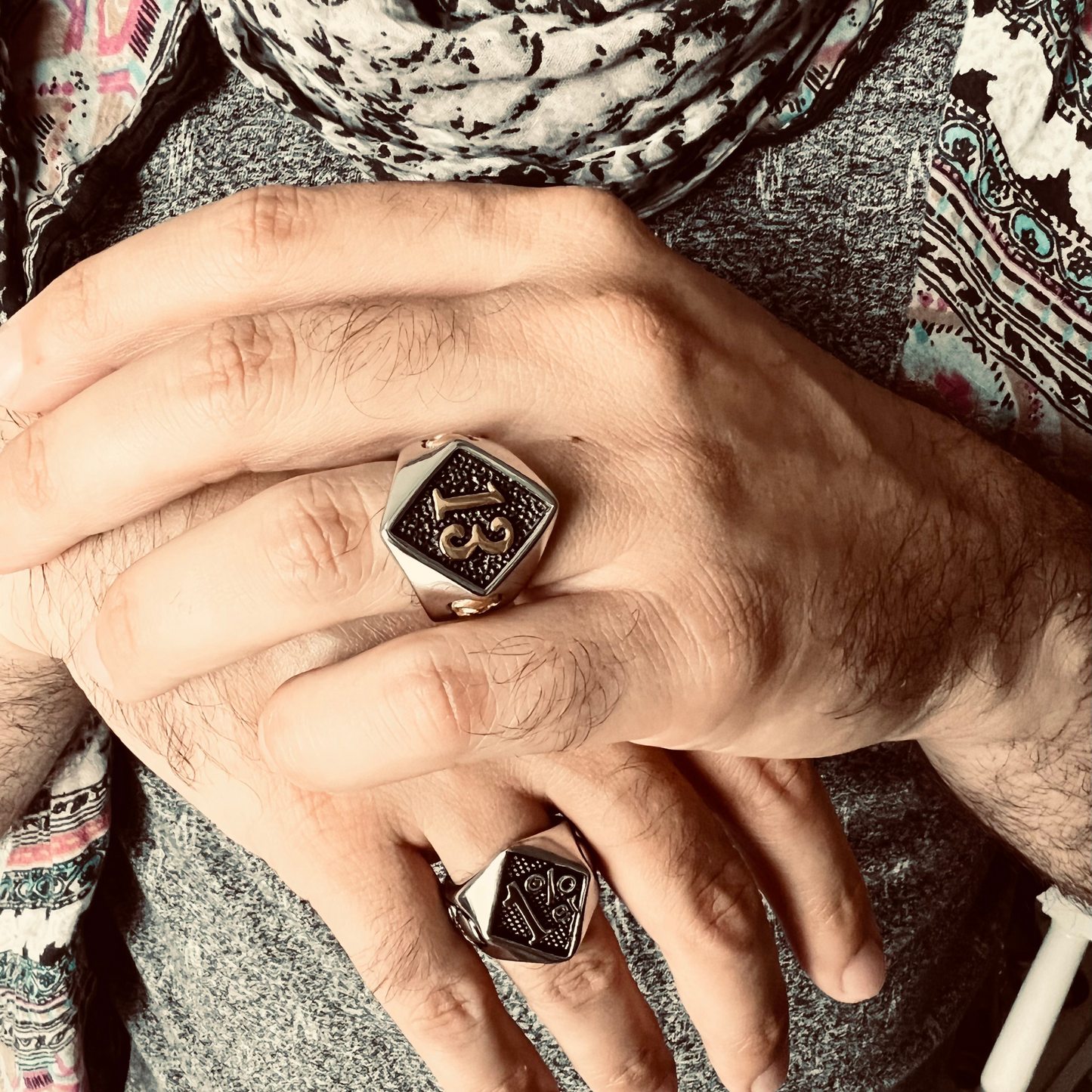 18K Gold PVD Coated Stainless Steel "13" and Skulls Signet Ring