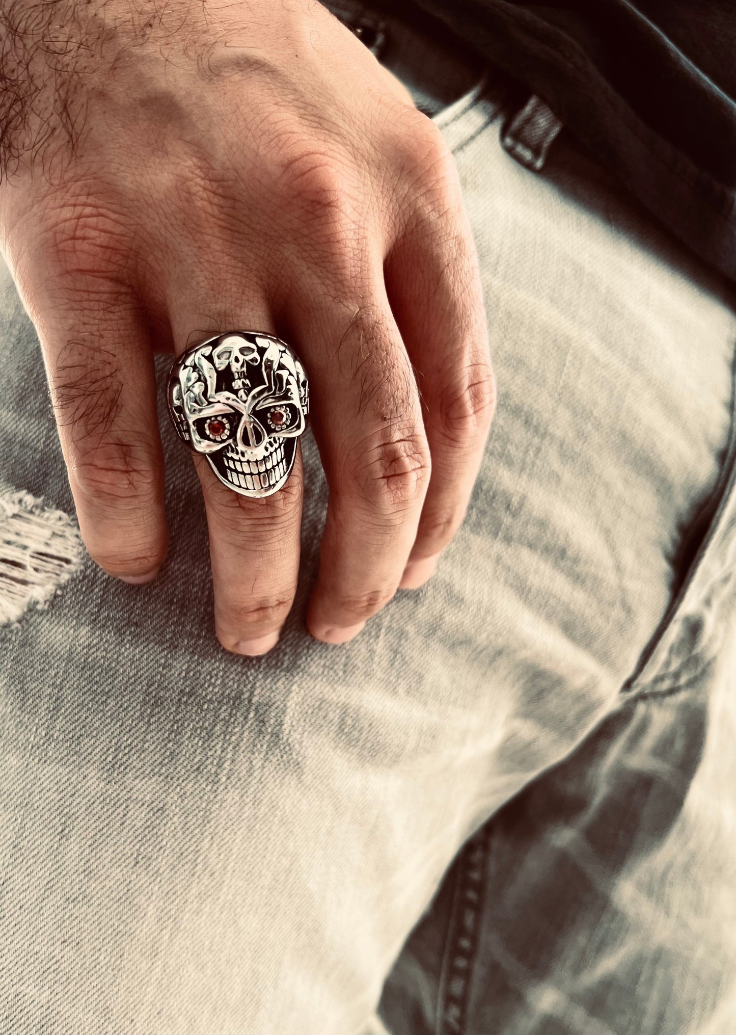 Stainless Steel Red CZ Eyed Sugar Skull Unisex Ring