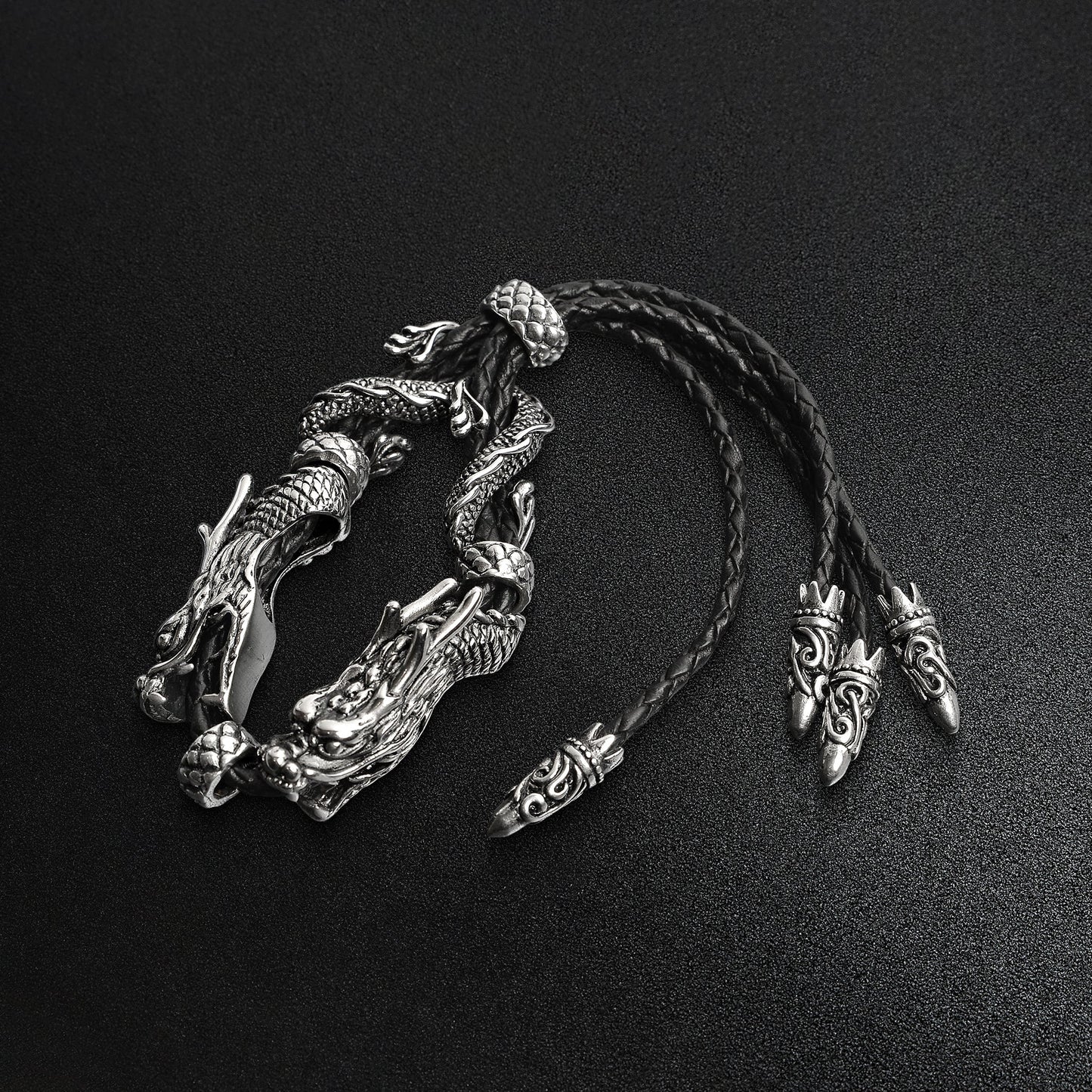 Adjustable Stainless Steel Braided Leather Dragon Bracelet