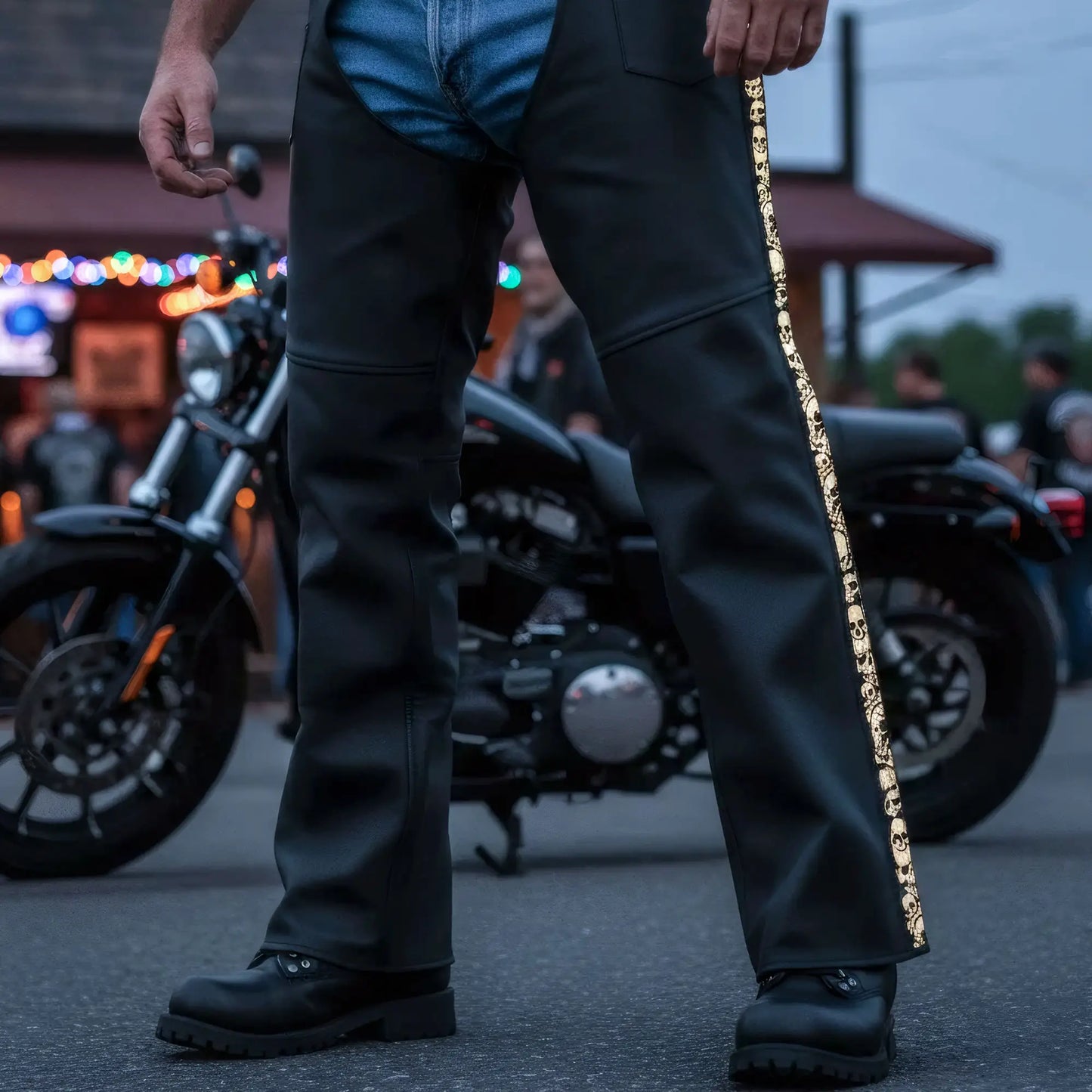 Hot Leathers CHM2001 Men's Matte Black motorcycle Leather Biker Chaps with Ancient Skull Reflective Artwork