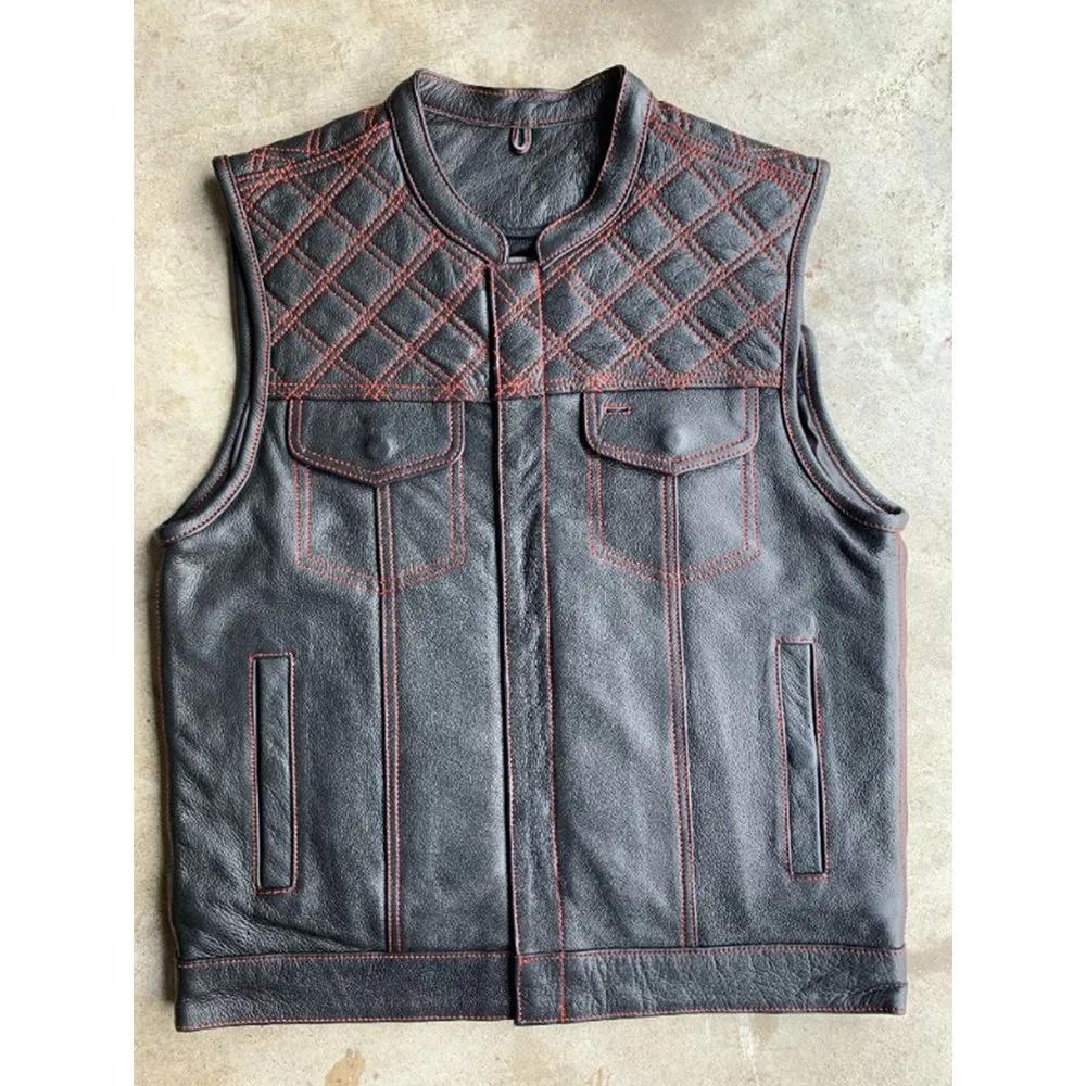 Red Diamond - Mens Premium Leather Diamond Stitch Club Vest