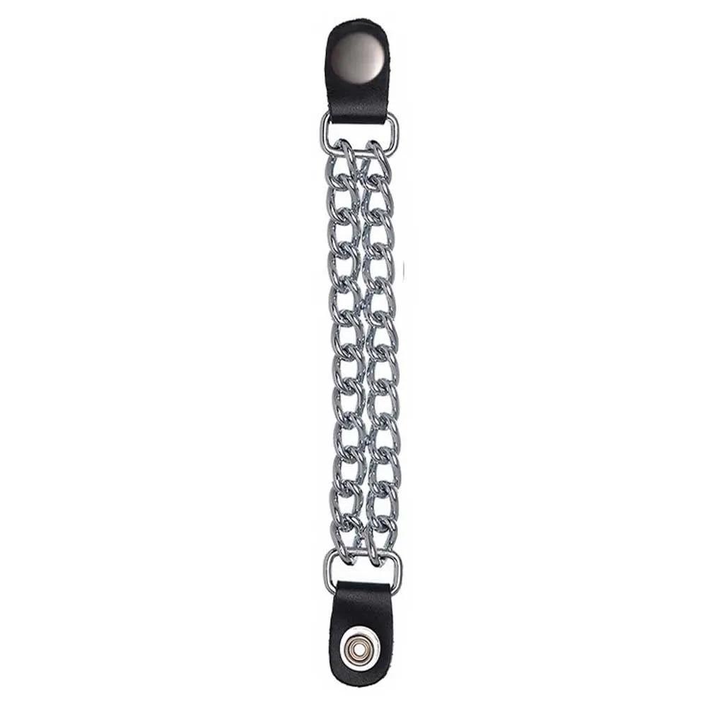 Silver metal vest extender chain with black leather snap closure