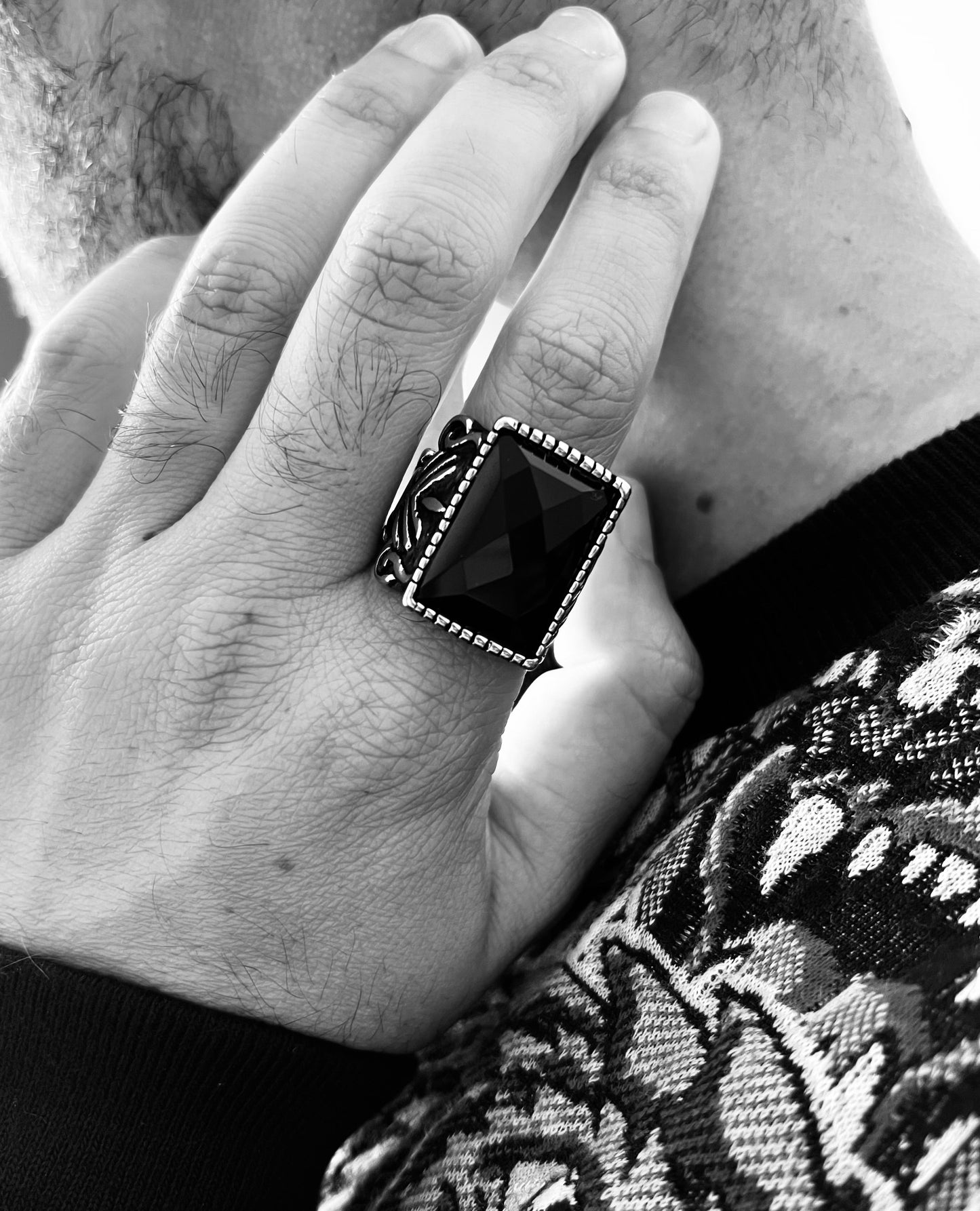 Detailed Center Black Stone Stainless Steel Ring