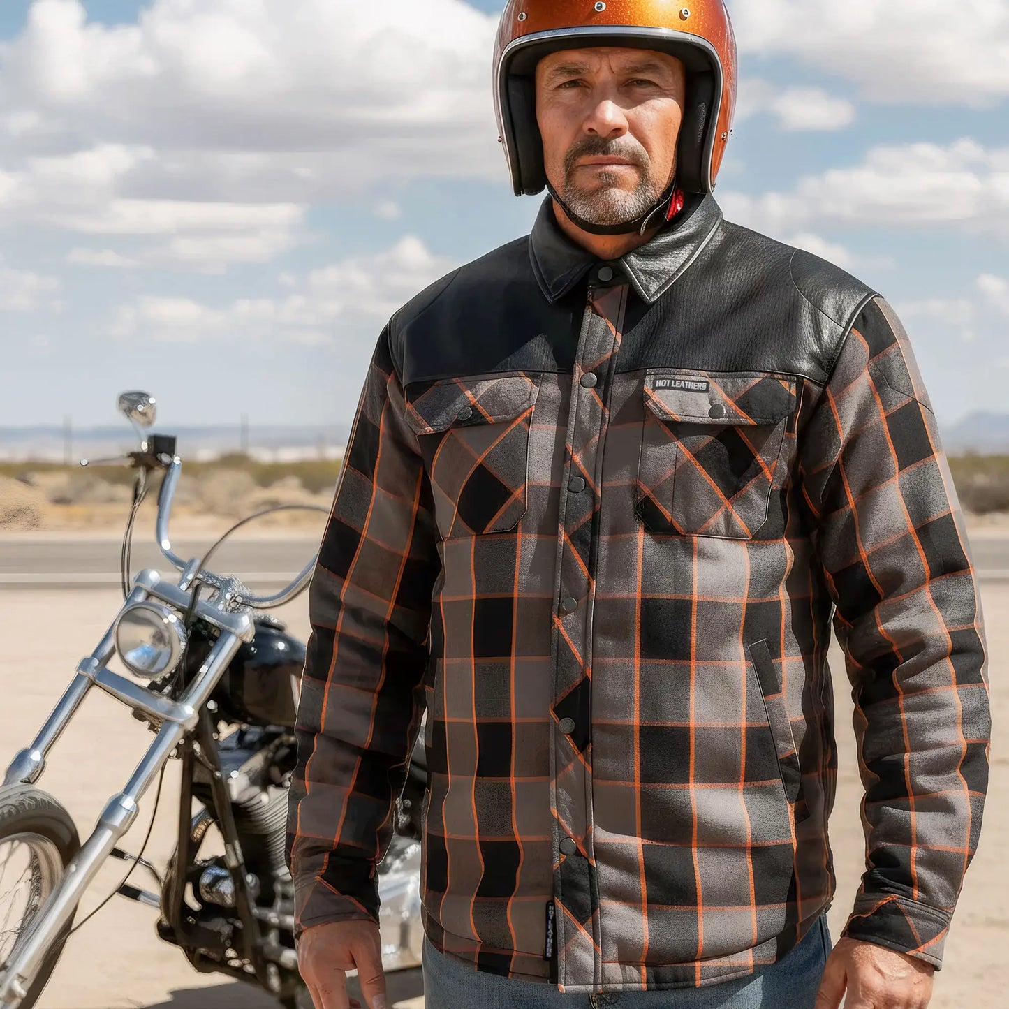 Hot Leathers JKM3202 Men's Motorcycle style Grey Black and Orange Reinforced Leather and Plaid Flannel Biker Shirt