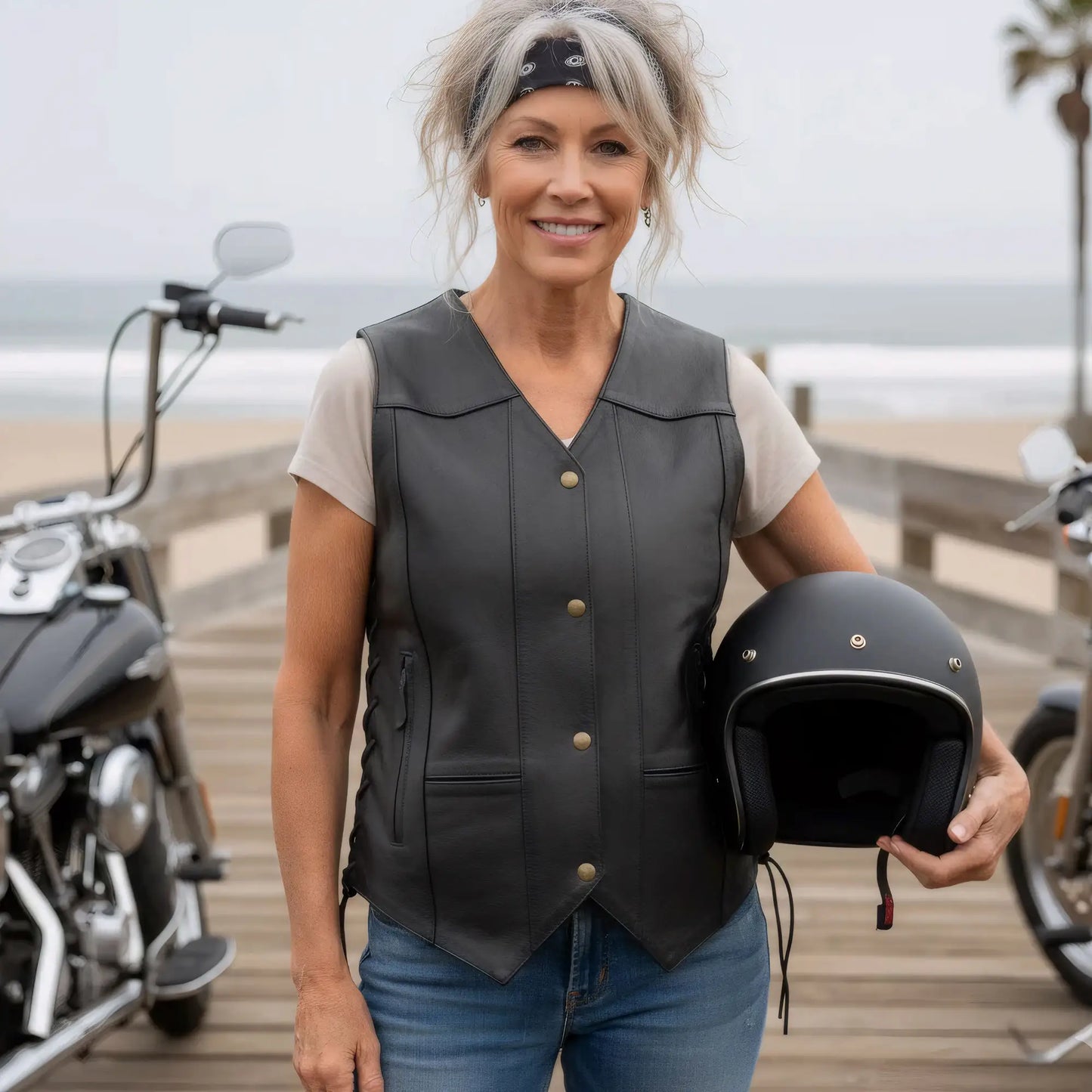 Hot Leathers VSL1008 Ladies Black Motorcycle 'Ten Pocket' Leather Biker Vest
