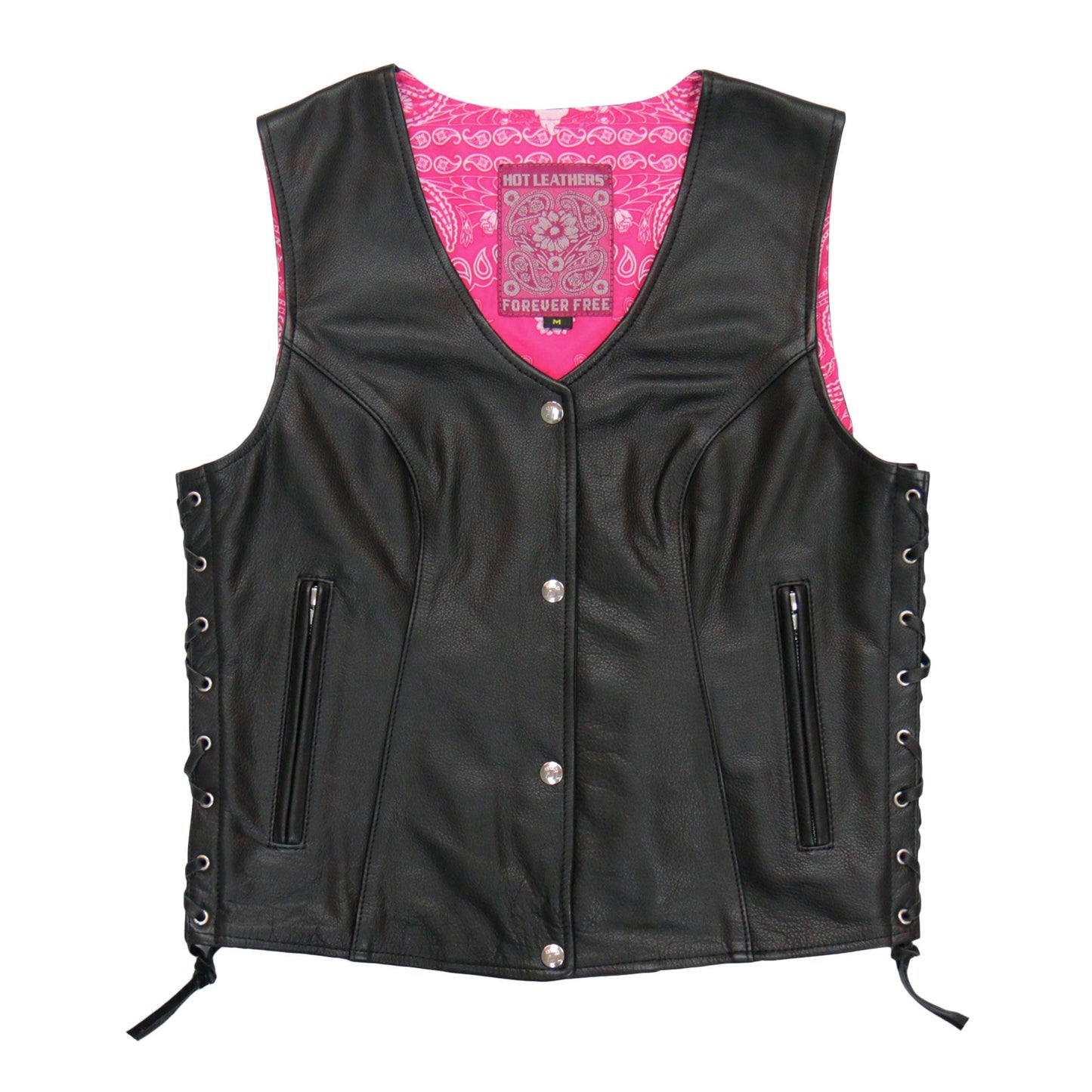 Hot Leathers VSL1018 Ladies 'Pink Paisley' Lined Black Leather Motorcycle Biker Vest