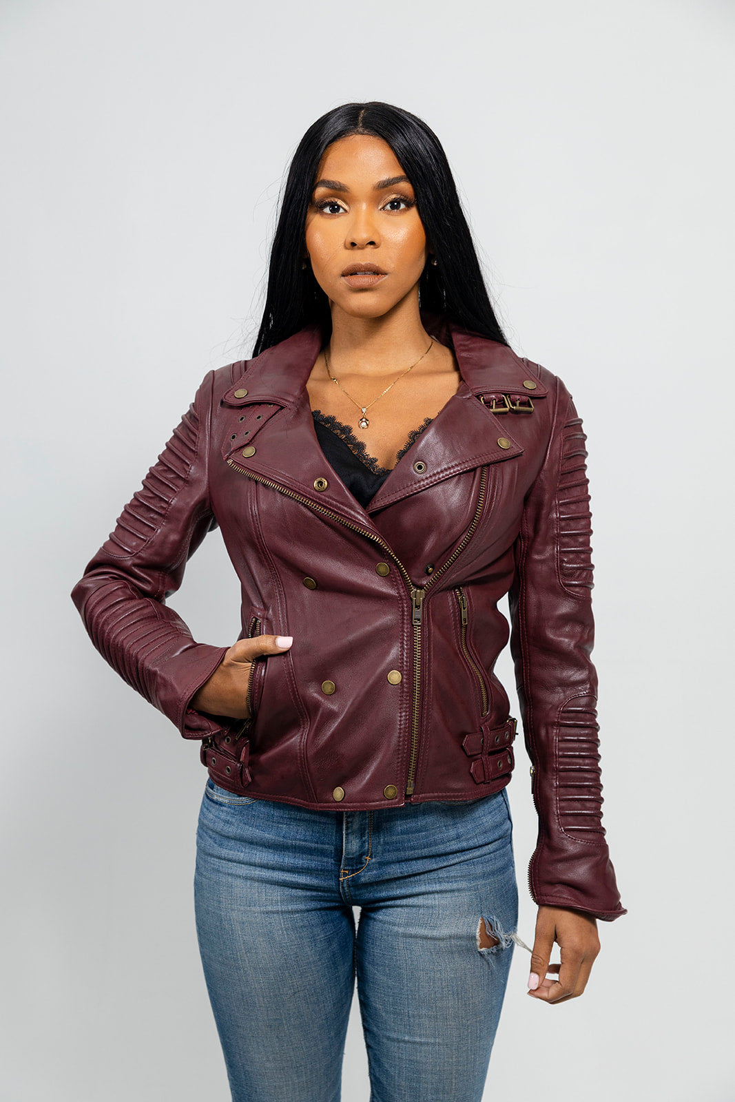 Queens Women's Leather Jacket Oxblood (POS) Women's Fashion Moto Leather Jacket Whet Blu NYC   
