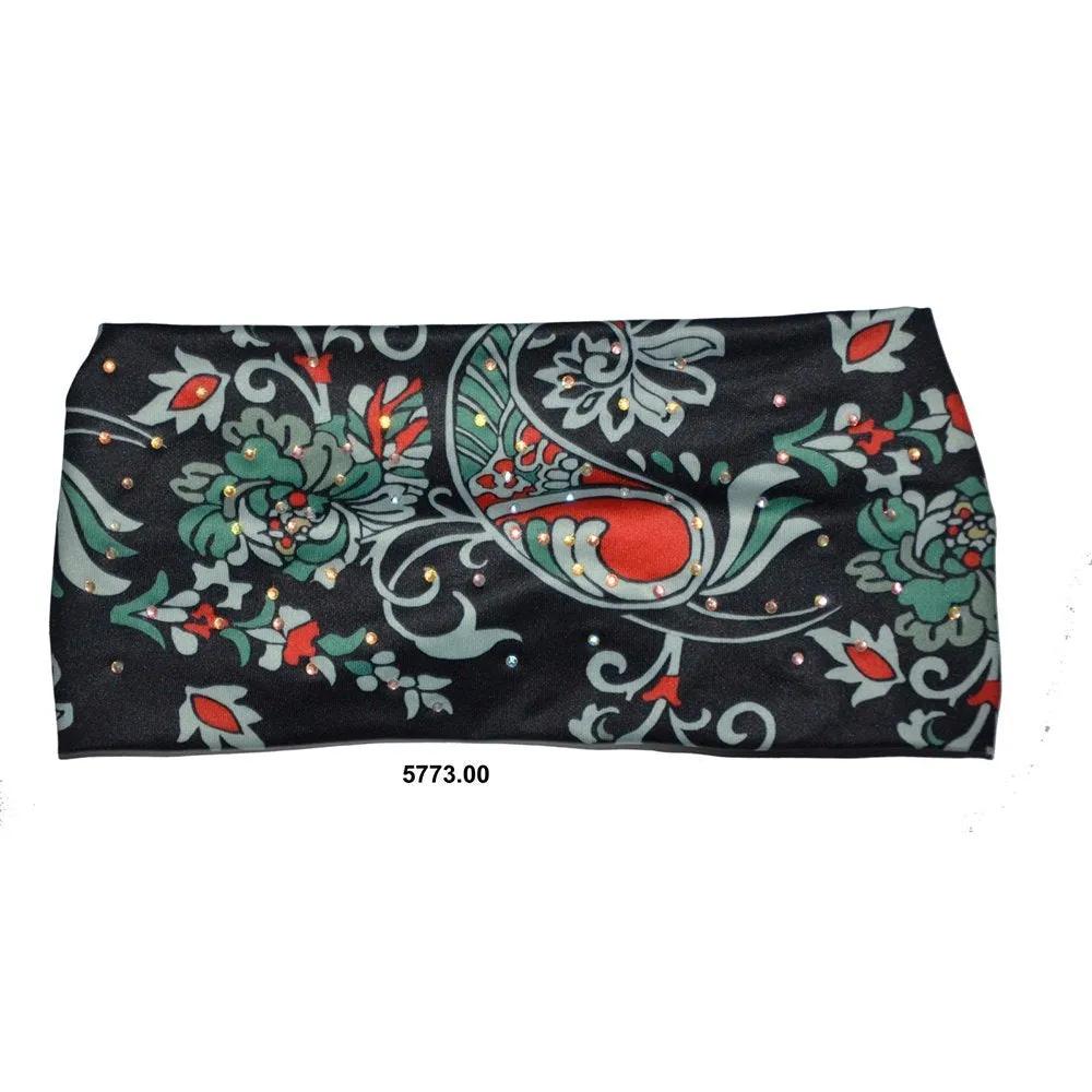 Decorative hair wrap bandeau top with floral pattern on a black background
