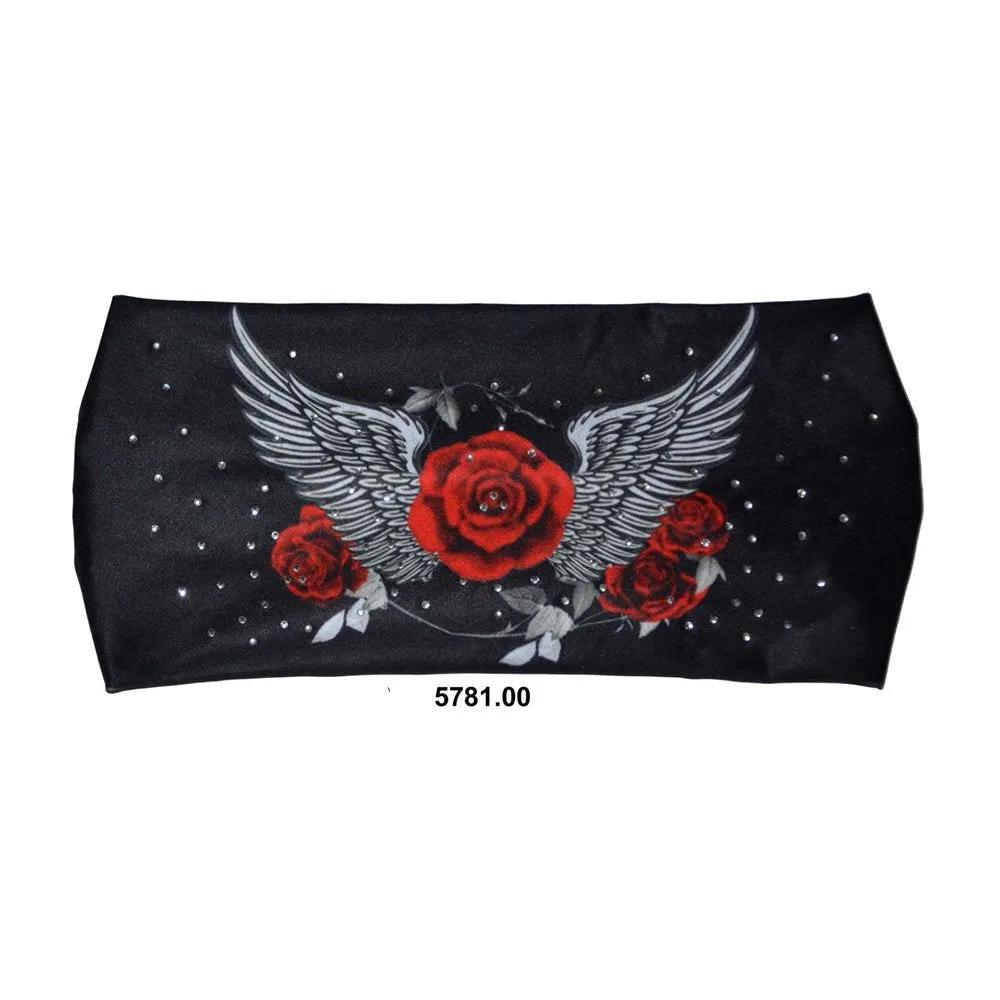 Black hair band bandana with red roses and wings on a white background