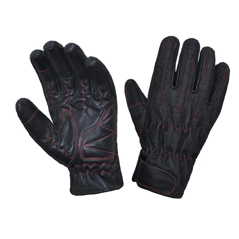 Mens Denim / Leather Full Finger Gloves with Red Stitching