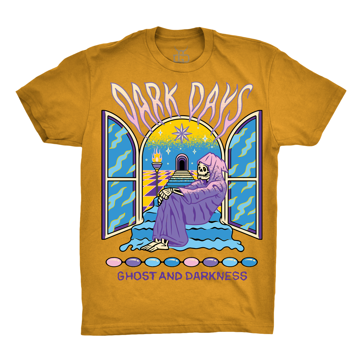 Yellow t-shirt with a graphic of a skeleton sitting by an open window titled 'Dark Days, Ghost and Darkness'.
