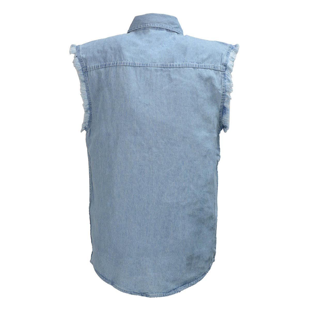 Milwaukee Leather DM1001 Men's Blue Lightweight Denim Shirt with Frayed Cut Off Sleeveless Look