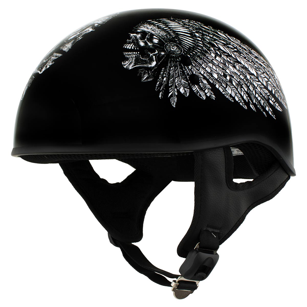 Hot Leathers Hld1032 Black 'Indian Skull' Motorcycle DOT Approved Skull Cap Half Helmet for Men and Women Biker
