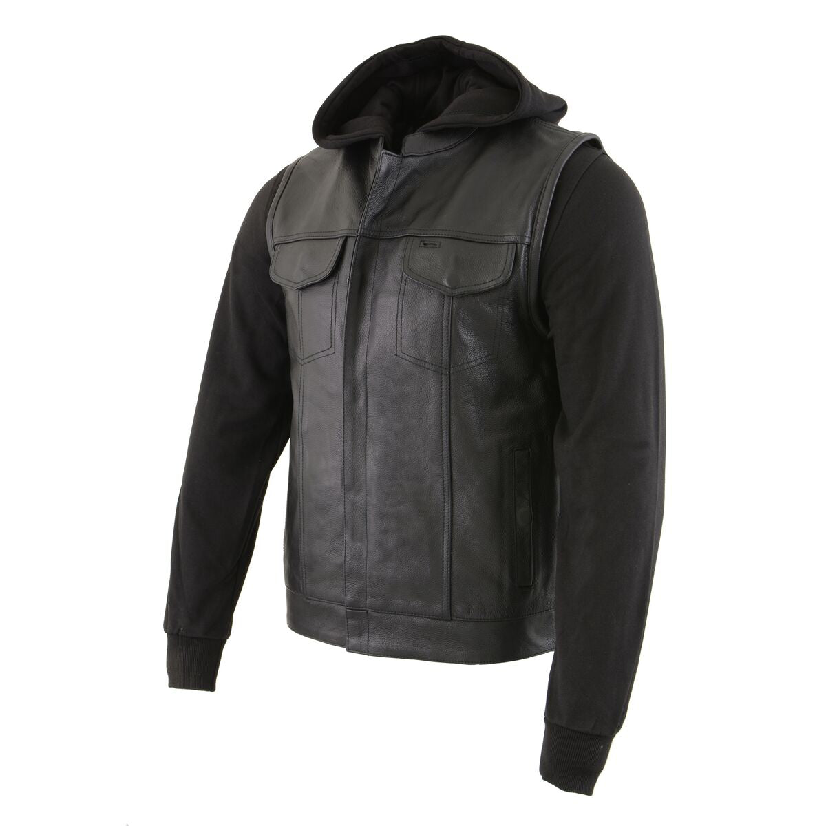 Milwaukee Leather LKM3714 Men's Black Club Style '2 in 1' Zipper Leather Vest with Removable Full Sleeve Hoodie