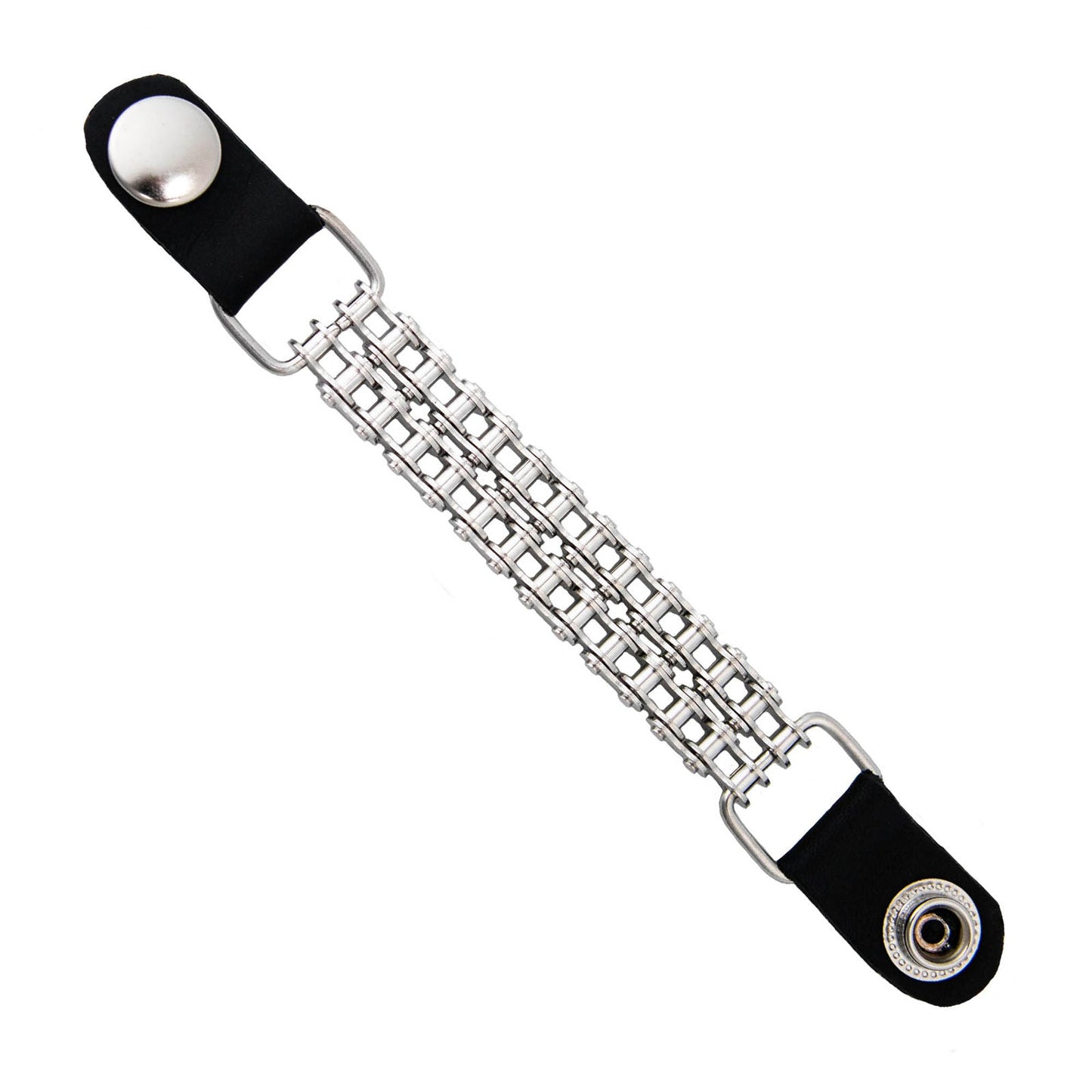 A silver-colored metal bike chain medallion vest extender with chrome finish and double chains, attached to black leather loops with a snap button.