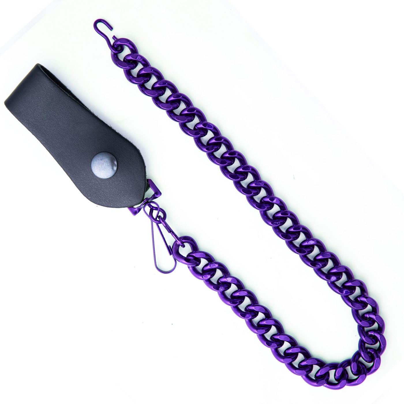 Purple wallet chain metal leash with a black leather attachment on a white background