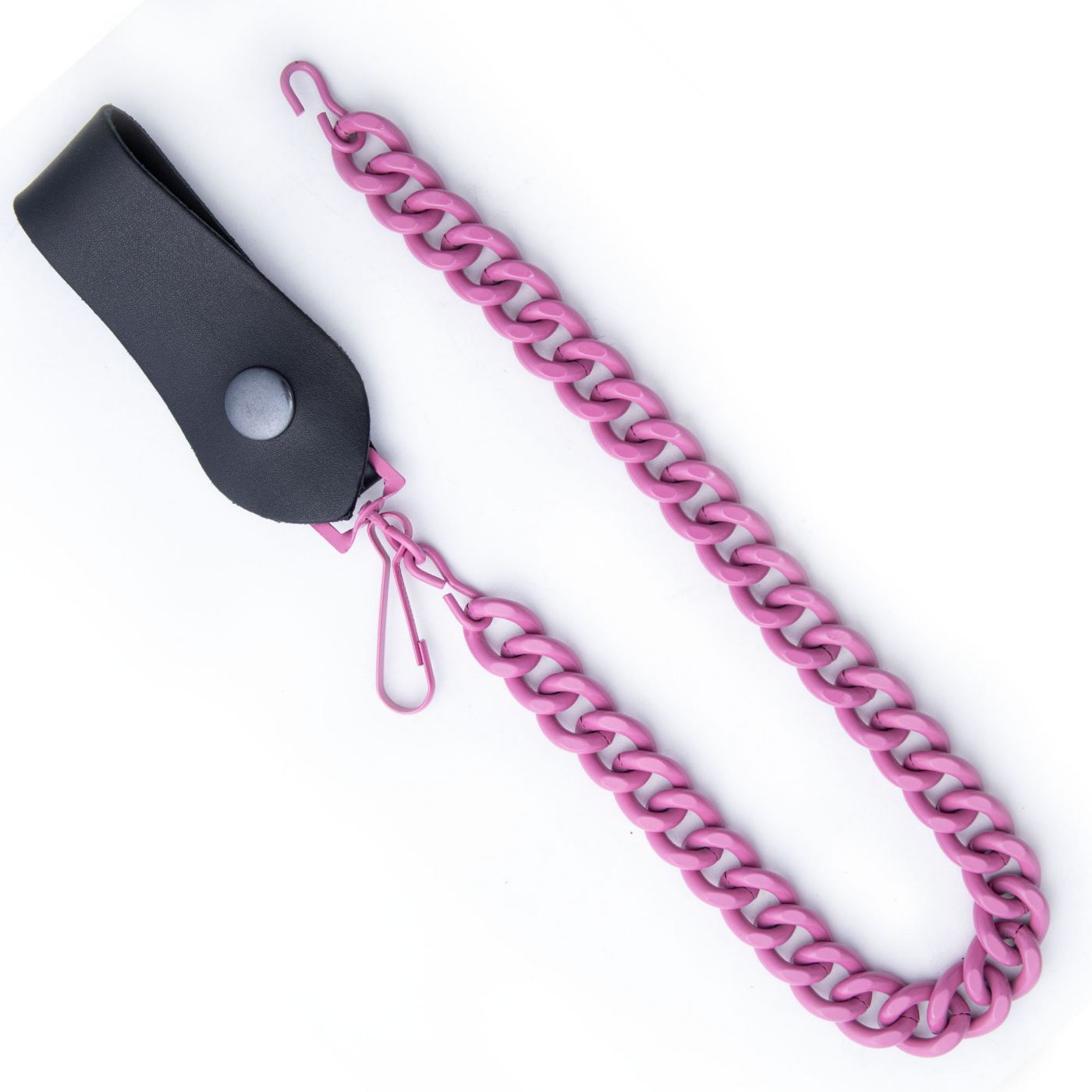 Pink wallet chain metal lanyard with a black clip on a white background