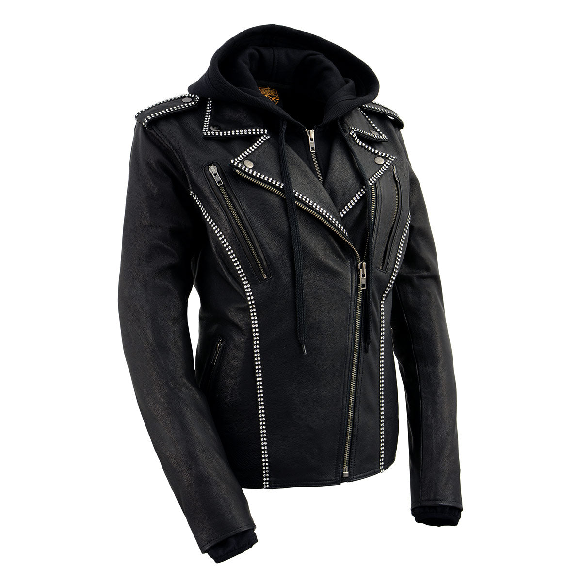 black leather backpack zippers like moto jacket Milwaukee Leather MLL2503 Women's Black 'Bedazzled' Leather Moto Jacket with Hoodie