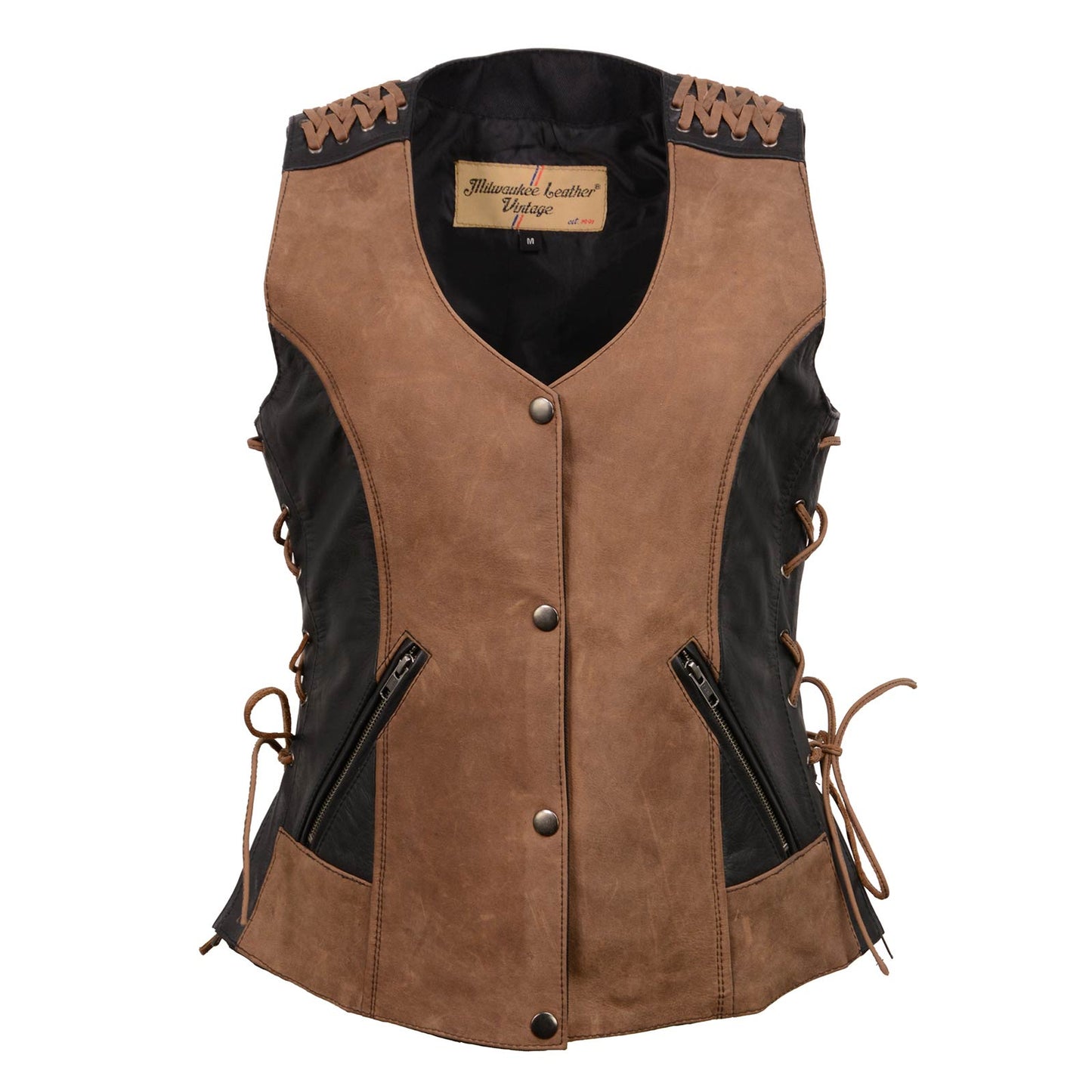 Milwaukee Leather Women's MLL4509 Smoocher Two Tone Crazy Horse Brown and Black Leather Club Style Motorcycle Vest