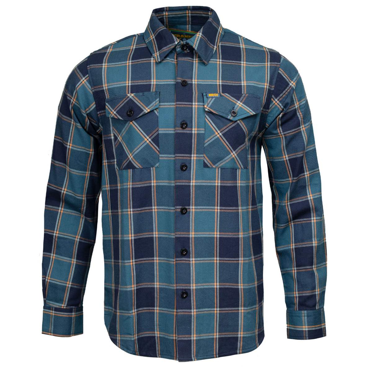 MMCC The Kraken Men's Blue Teal Orange Plaid Flannel Shirt - 100% Cotton Long Sleeve Button-Up - MMC11600
