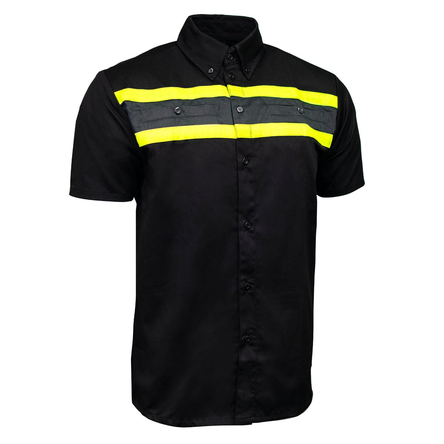 MMCC Men's Petro Mechanic Button Up Shop Shirt, Reflective Strip, 2-Chest Pockets - Black-Grey-Green - MMC16007