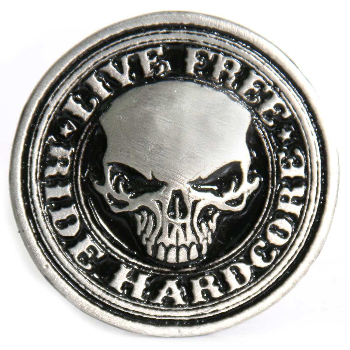 A black and silver Milwaukee Leather pin with a skull design and text around it.