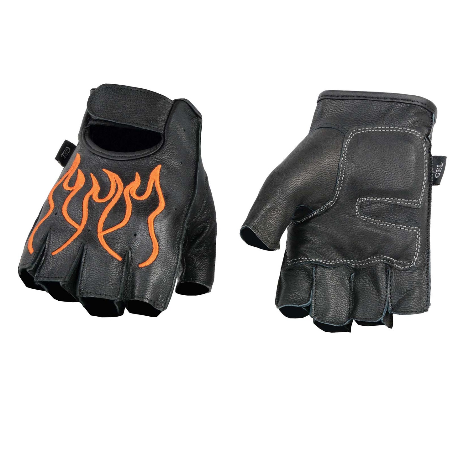 Milwaukee Leather SH198 Men's Black Leather Gel Padded Palm Fingerless Motorcycle Gloves w/ Orange Flame Embroidery