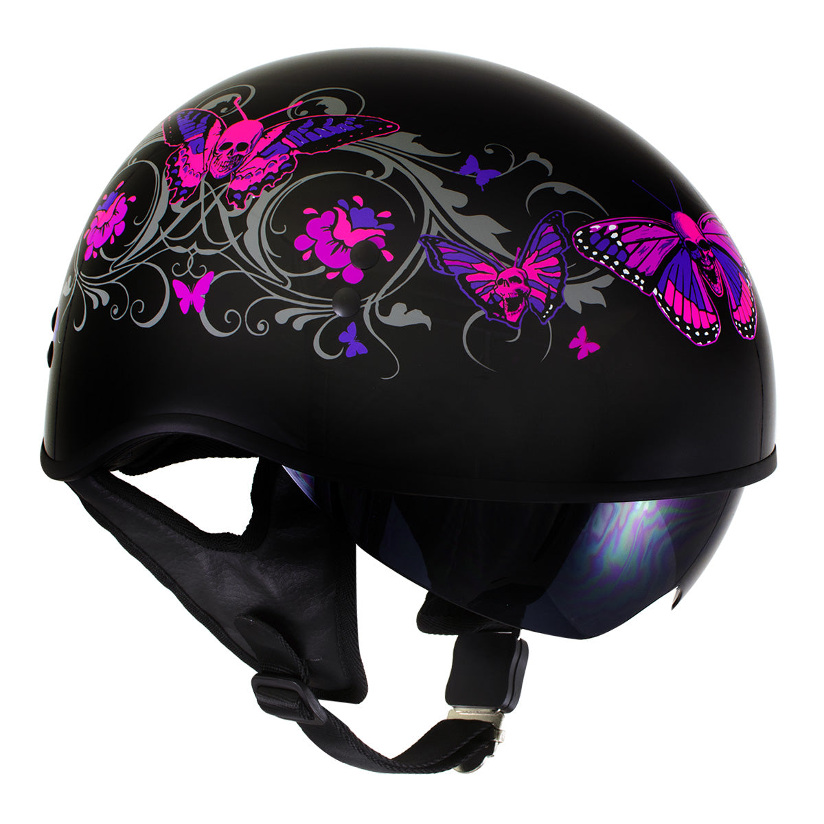 Milwaukee Helmets T72 Gloss Black Pink Butterflies Advanced DOT Helmet w/ Drop Down Visor