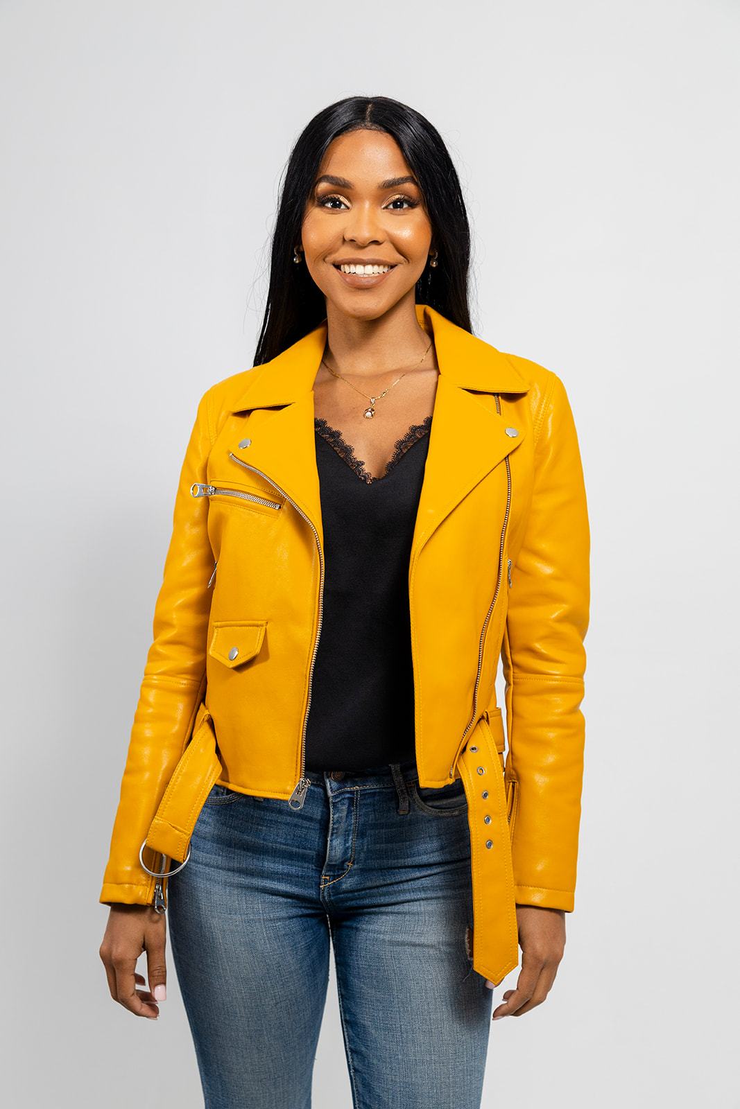 Womens Asymmetrical Style Yellow Leather Jacket