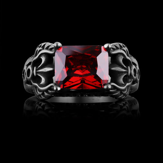 Stainless Steel Red CZ Center Fleur De Lis Ring