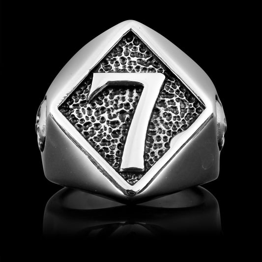 Stainless Steel Lucky "7" With Skull Accents Signet Ring