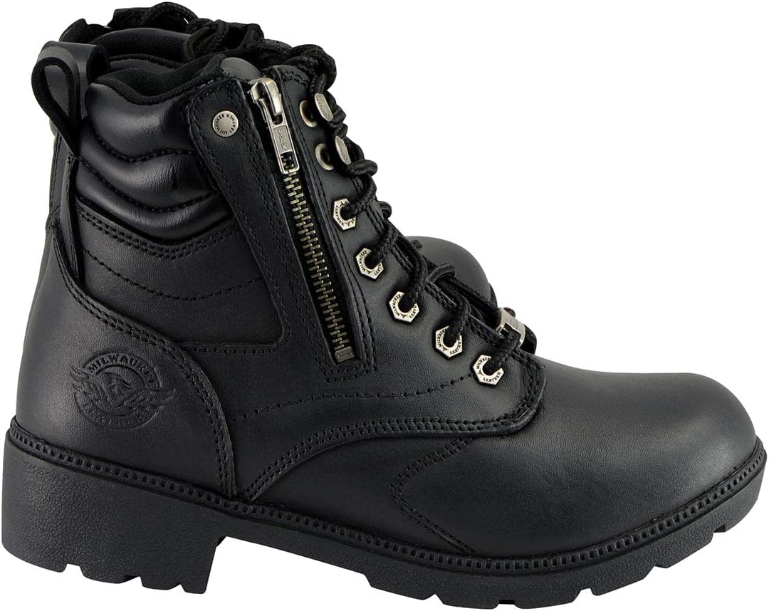 Milwaukee Leather MBL9320W Women's Black Premium Leather 'Wide-Width' Lace-Up Motorcycle Rider Boots