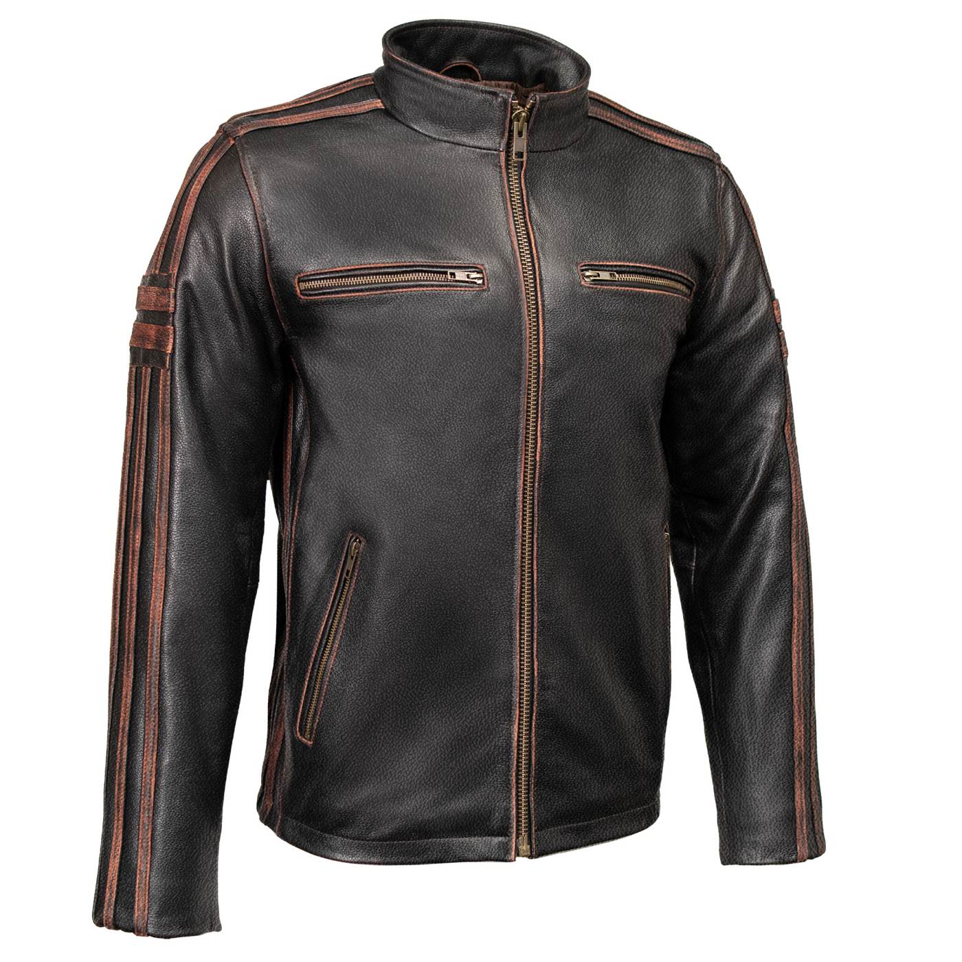 Milwaukee Leather Men’s Copperline Black Leather Moto Café Racer Jacket, Stand Collar, 6 Pockets - SFM1816